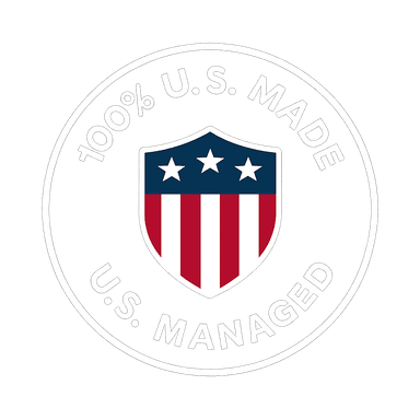 100% US Made and US Managed - Badge with American flag